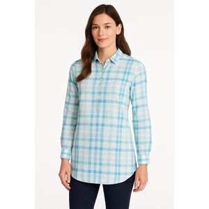 J McLaughliN Women's Blue/White Plaid Half Button Up Tunic Long Sleeves‎ Size S